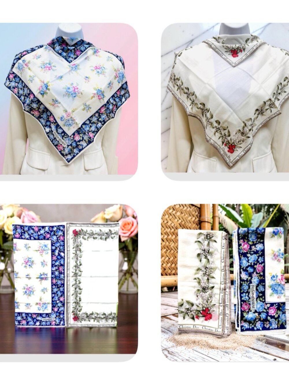 2 Neck-Kerchief YSL & Christian Dior cotton 18.5" white blue red  foral (